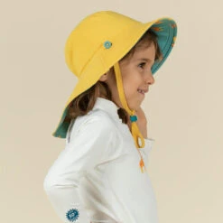 Chapeau Anti UV Bébé Réversible Jaune Et Bleu Imprimé SAVANE -Aqua Soldes chapeau anti uv bebe reversible jaune et bleu imprime savane 3