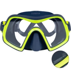 Aqua Soldes -Aqua Soldes masque de plongee sous marine scd 500 v2 mono hublot jupe bleue cerclage jaune 1