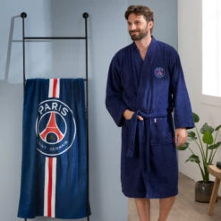 Peignoir De Bain Adulte 100% Coton Football Paris - Ruban -Aqua Soldes peignoir de bain adulte 100 coton football paris ruban 2